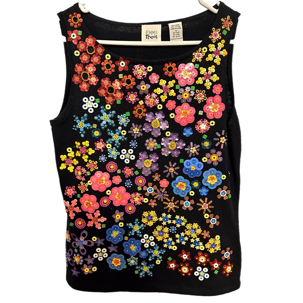 Emma Tricot Black Women's Tank Floral Beaded 3D Top Sequin Y2K Sweater Size M
